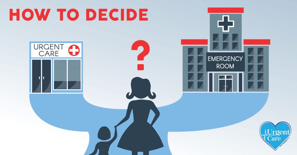 A woman tries to decide whether to go to an urgent care or emergency room