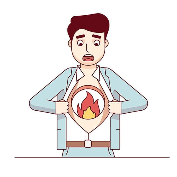 a cartoon man has a flaming hole in his stomach