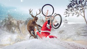 santa has crashed his bicycle into a reindeer